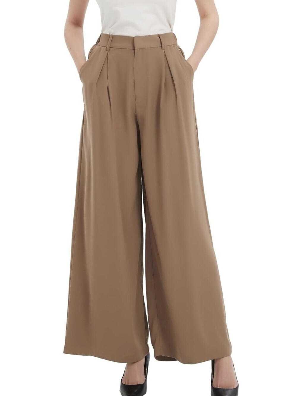 Tronjori Wide Leg Dress Pants Women's Small Camel Tan High Rise Pleated Career